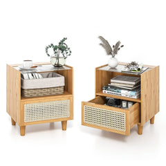 2 Piece Bamboo Rattan Nightstand with Glass Top and Drawer, Natural