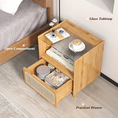 2 Piece Bamboo Rattan Nightstand with Glass Top and Drawer, Natural