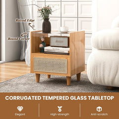 2 Piece Bamboo Rattan Nightstand with Glass Top and Drawer, Natural