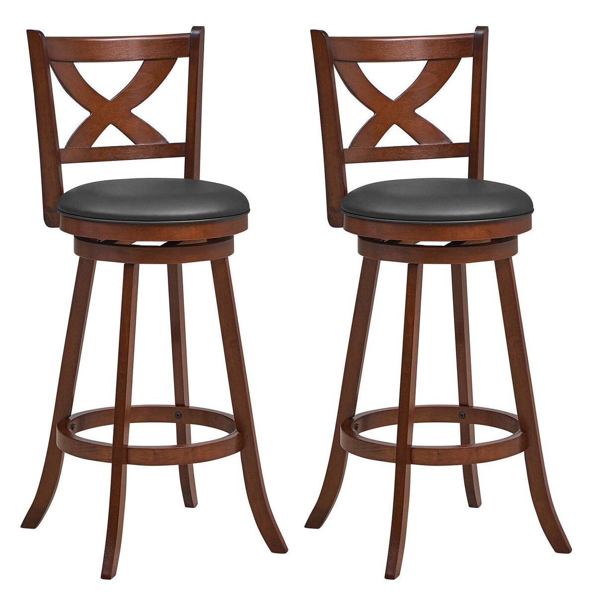 Set of 2 Classic Swivel Bar Stools with X Shaped Open Back, Espresso Wood, 30 Inch Seat Height