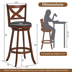 Set of 2 Classic Swivel Bar Stools with X Shaped Open Back, Espresso Wood, 30 Inch Seat Height