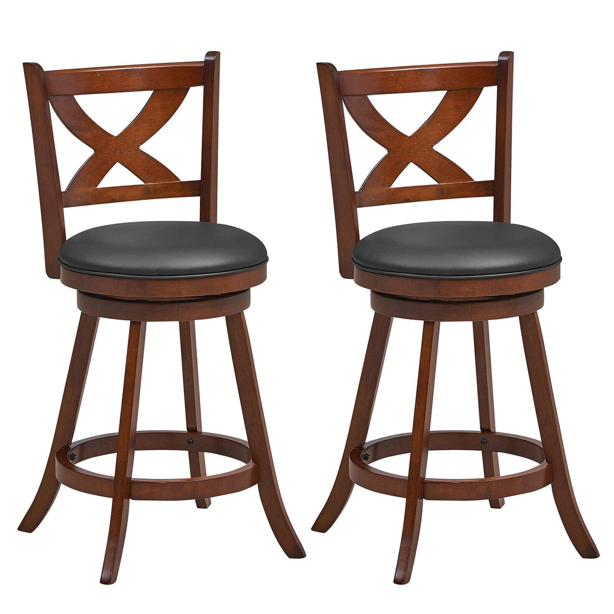 Set of 2 Classic Swivel Counter Stools with X Shaped Open Back, Espresso Wood, 24 Inch Seat