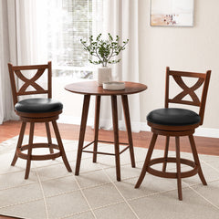 Set of 2 Classic Swivel Counter Stools with X Shaped Open Back, Espresso Wood, 24 Inch Seat