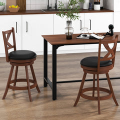 Set of 2 Classic Swivel Counter Stools with X Shaped Open Back, Espresso Wood, 24 Inch Seat