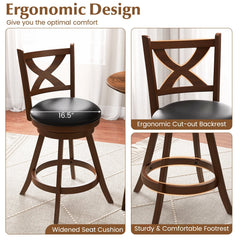 Set of 2 Classic Swivel Counter Stools with X Shaped Open Back, Espresso Wood, 24 Inch Seat