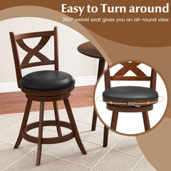 Set of 2 Classic Swivel Counter Stools with X Shaped Open Back, Espresso Wood, 24 Inch Seat
