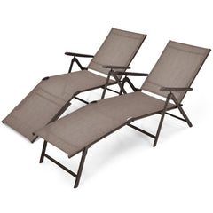 Set of 2 Folding Sling Chaise Lounges with 5 Backrest Positions, Brown