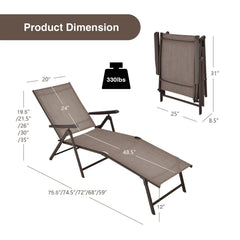 Set of 2 Folding Sling Chaise Lounges with 5 Backrest Positions, Brown