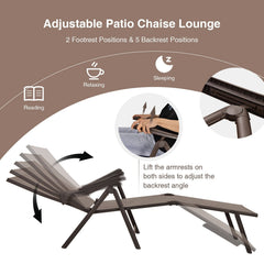 Set of 2 Folding Sling Chaise Lounges with 5 Backrest Positions, Brown