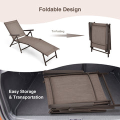 Set of 2 Folding Sling Chaise Lounges with 5 Backrest Positions, Brown