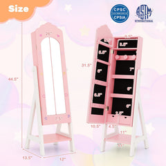 2 Pieces Kids Vanity Set and Jewelry Armoire Cabinet with Full-length Mirror-Pink