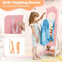 2 Pieces Kids Vanity Set and Jewelry Armoire Cabinet with Full-length Mirror-Pink