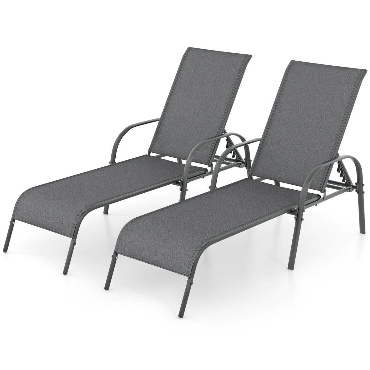 Set of 2 Stackable Patio Chaise Lounge Chairs with Curved Armrests, Dark Gray