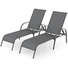 Set of 2 Stackable Patio Chaise Lounge Chairs with Curved Armrests, Dark Gray