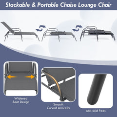Set of 2 Stackable Patio Chaise Lounge Chairs with Curved Armrests, Dark Gray