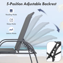 Set of 2 Stackable Patio Chaise Lounge Chairs with Curved Armrests, Dark Gray