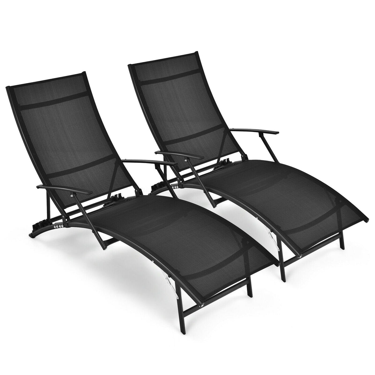 Set of 2 Folding Stackable Chaise Lounges with Armrests, 5 Levels, Black