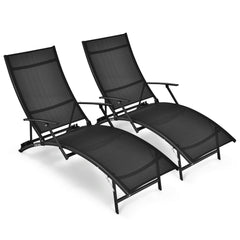 Set of 2 Folding Stackable Chaise Lounges with Armrests, 5 Levels, Black