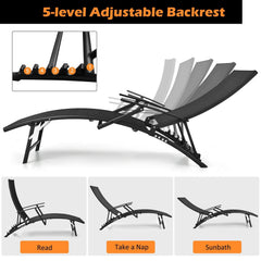 Set of 2 Folding Stackable Chaise Lounges with Armrests, 5 Levels, Black