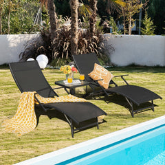 Set of 2 Folding Stackable Chaise Lounges with Armrests, 5 Levels, Black