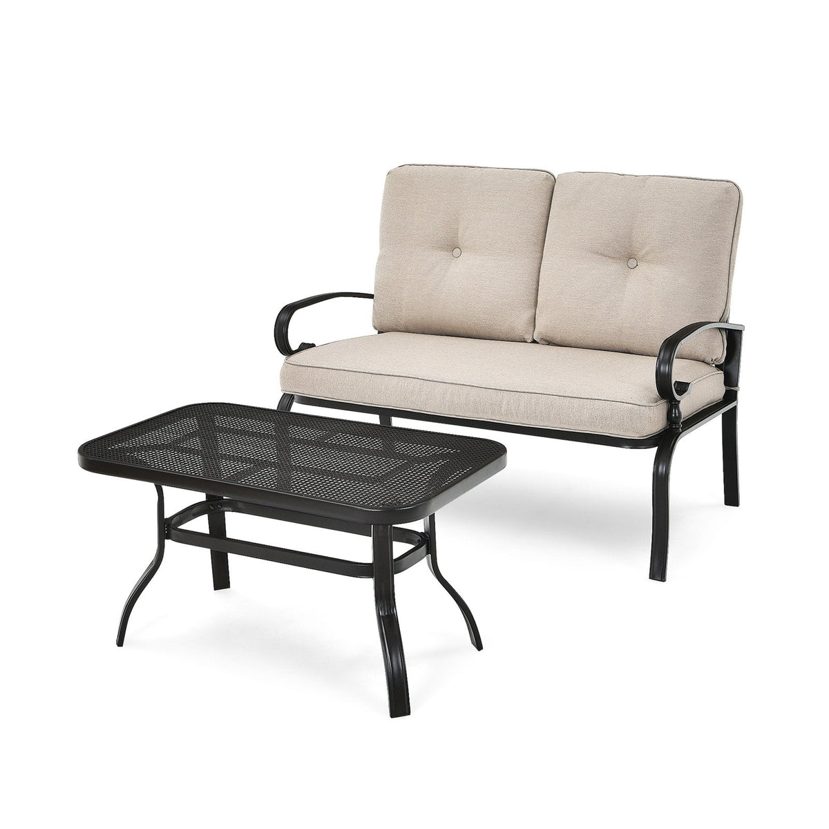 2 Piece Patio Loveseat and Coffee Table Set, 47 in Steel Bench Rated 550 lb with 4 in Beige Olefin Cushions and Mesh Top Table