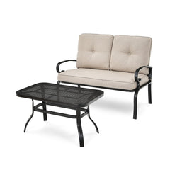 2 Piece Patio Loveseat and Coffee Table Set, 47 in Steel Bench Rated 550 lb with 4 in Beige Olefin Cushions and Mesh Top Table