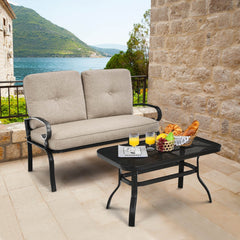 2 Piece Patio Loveseat and Coffee Table Set, 47 in Steel Bench Rated 550 lb with 4 in Beige Olefin Cushions and Mesh Top Table