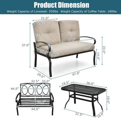 2 Piece Patio Loveseat and Coffee Table Set, 47 in Steel Bench Rated 550 lb with 4 in Beige Olefin Cushions and Mesh Top Table