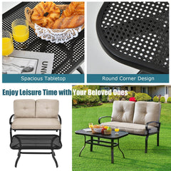 2 Piece Patio Loveseat and Coffee Table Set, 47 in Steel Bench Rated 550 lb with 4 in Beige Olefin Cushions and Mesh Top Table