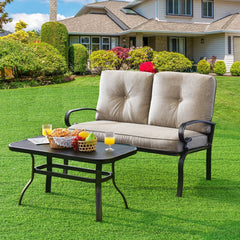 2 Piece Patio Loveseat and Coffee Table Set, 47 in Steel Bench Rated 550 lb with 4 in Beige Olefin Cushions and Mesh Top Table
