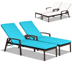 Set of 2 Rattan Reclining Chaise Lounges with Turquoise and White Cushions