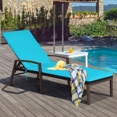 Set of 2 Rattan Reclining Chaise Lounges with Turquoise and White Cushions