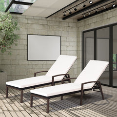 Set of 2 Rattan Reclining Chaise Lounges with Turquoise and White Cushions
