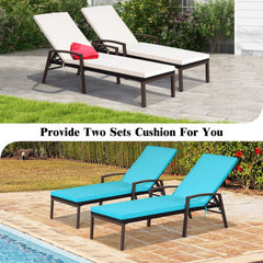 Set of 2 Rattan Reclining Chaise Lounges with Turquoise and White Cushions