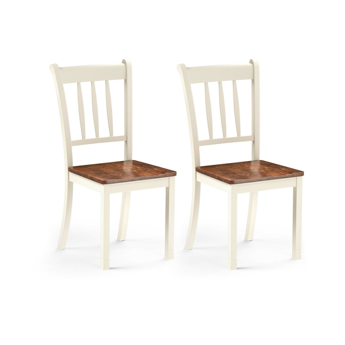 Set of 2 Solid Rubber Wood Slat Back Dining Chairs, Antique White Frame with Brown Seat, 38.5 Inch High Back