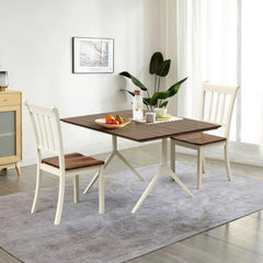 Set of 2 Solid Rubber Wood Slat Back Dining Chairs, Antique White Frame with Brown Seat, 38.5 Inch High Back