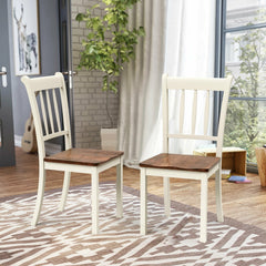 Set of 2 Solid Rubber Wood Slat Back Dining Chairs, Antique White Frame with Brown Seat, 38.5 Inch High Back