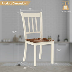 Set of 2 Solid Rubber Wood Slat Back Dining Chairs, Antique White Frame with Brown Seat, 38.5 Inch High Back