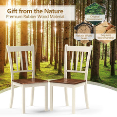 Set of 2 Solid Rubber Wood Slat Back Dining Chairs, Antique White Frame with Brown Seat, 38.5 Inch High Back
