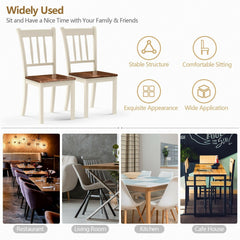 Set of 2 Solid Rubber Wood Slat Back Dining Chairs, Antique White Frame with Brown Seat, 38.5 Inch High Back
