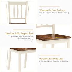 Set of 2 Solid Rubber Wood Slat Back Dining Chairs, Antique White Frame with Brown Seat, 38.5 Inch High Back