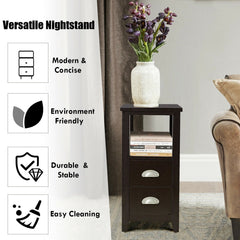 2 Piece Bedside Nightstand Set with 2 Drawers and Shelf, Dark Brown