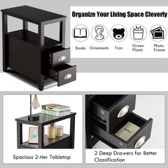 2 Piece Bedside Nightstand Set with 2 Drawers and Shelf, Dark Brown