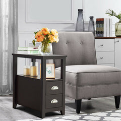 2 Piece Bedside Nightstand Set with 2 Drawers and Shelf, Dark Brown