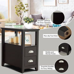 2 Piece Bedside Nightstand Set with 2 Drawers and Shelf, Dark Brown