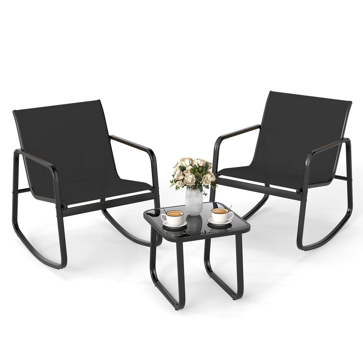 3 Piece Patio Rocking Bistro Set, 2 Sling Rocking Chairs Rated 330 lb with Black Breathable Seats and 17 in Tempered Glass Table
