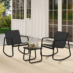 3 Piece Patio Rocking Bistro Set, 2 Sling Rocking Chairs Rated 330 lb with Black Breathable Seats and 17 in Tempered Glass Table
