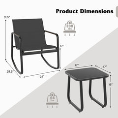 3 Piece Patio Rocking Bistro Set, 2 Sling Rocking Chairs Rated 330 lb with Black Breathable Seats and 17 in Tempered Glass Table
