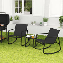 3 Piece Patio Rocking Bistro Set, 2 Sling Rocking Chairs Rated 330 lb with Black Breathable Seats and 17 in Tempered Glass Table