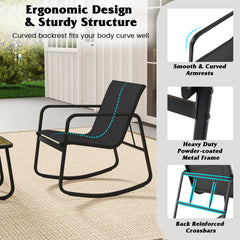 3 Piece Patio Rocking Bistro Set, 2 Sling Rocking Chairs Rated 330 lb with Black Breathable Seats and 17 in Tempered Glass Table